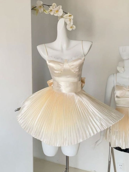 Cute A Line Spaghetti Straps Light Champagne Satin Back With Bow Short Prom Dress,Homecoming Dress,Birthday Dress GG3331