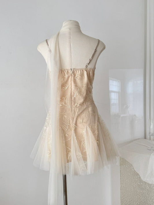 Chic A Line Spaghetti Starps Satin Tulle Short Prom Dress,Homecoming Dress,Birthday Dress GG3335