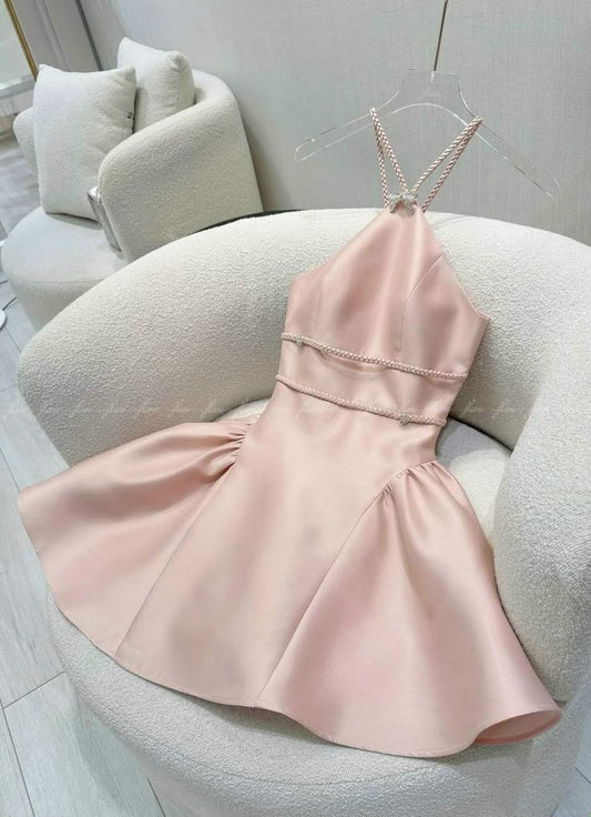 Sweet Pink A Line Halter Satin Short Prom Dress,Homecoming Dress,Birthday Dress GG3337