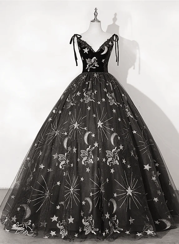 ELegant Ball Gown Spaghetti Straps Black Tulle Applique Long Prom Dress,Evening Dress GG333