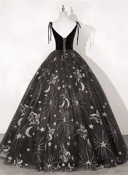 ELegant Ball Gown Spaghetti Straps Black Tulle Applique Long Prom Dress,Evening Dress GG333