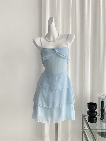 Light Blue A Line Spaghetti Straps Chiffon Tiered Short Prom Dress,Homecoming Dress,Birthday Dress GG3342