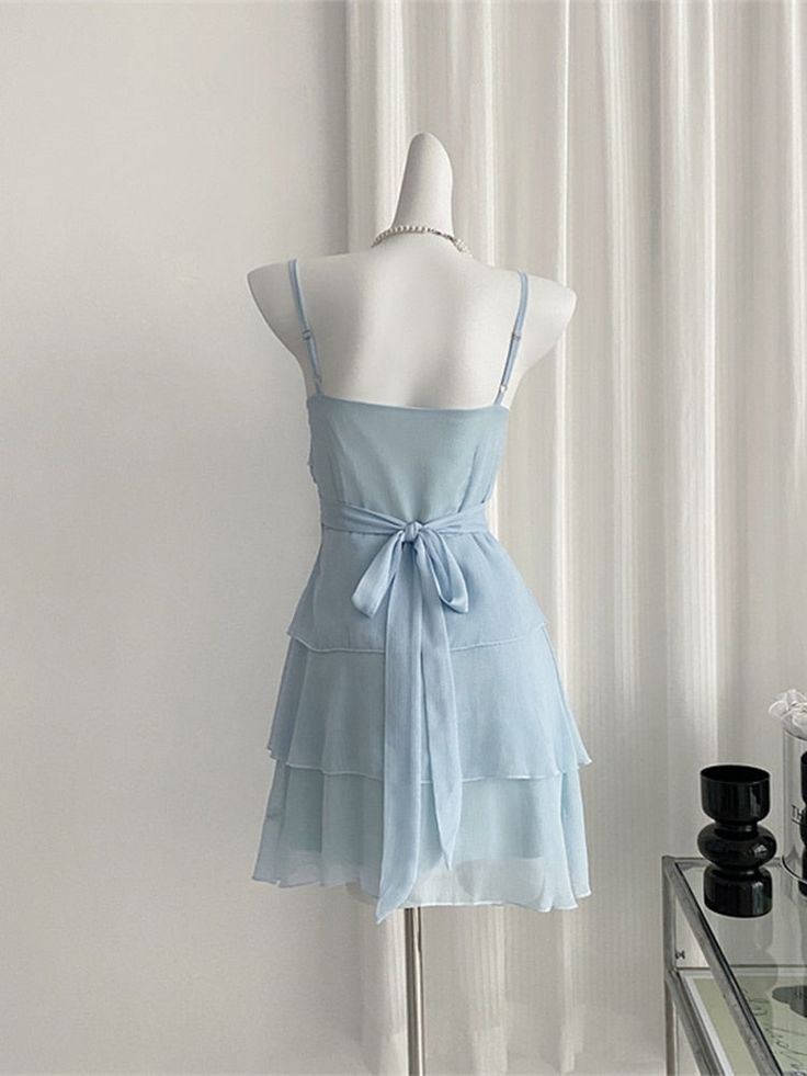 Light Blue A Line Spaghetti Straps Chiffon Tiered Short Prom Dress,Homecoming Dress,Birthday Dress GG3342