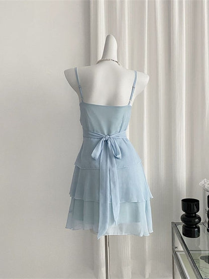 Light Blue A Line Spaghetti Straps Chiffon Tiered Short Prom Dress,Homecoming Dress,Birthday Dress GG3342