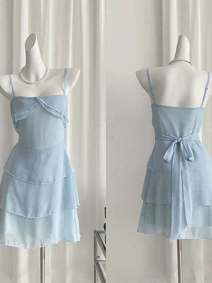 Light Blue A Line Spaghetti Straps Chiffon Tiered Short Prom Dress,Homecoming Dress,Birthday Dress GG3342