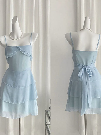 Light Blue A Line Spaghetti Straps Chiffon Tiered Short Prom Dress,Homecoming Dress,Birthday Dress GG3342