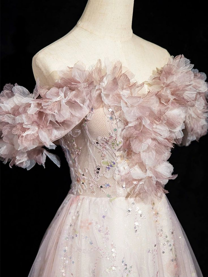 Exuisite A Line Off The Shoulder Tulle Sequins Floral Long Prom Dress,Evening Dress GG334