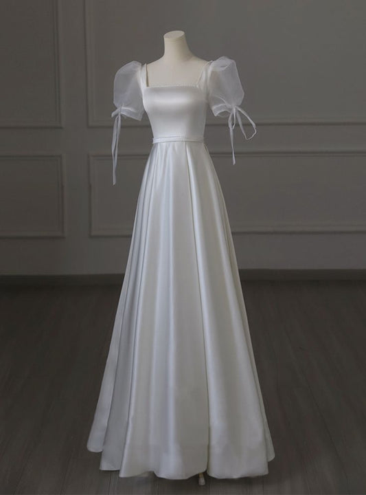 Elegant A Line Square White Satin Short Bubble Sleeves Long Prom Dress,Evening Dress GG336