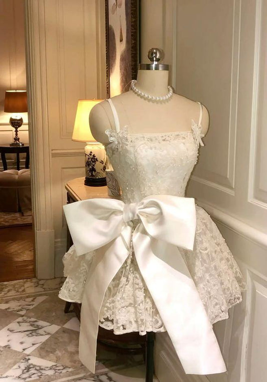 Cute A Line Spaghetti Straps Satin Lace Bow Short Prom Dress,Homecoming Dress,Birthday Dress GG3366