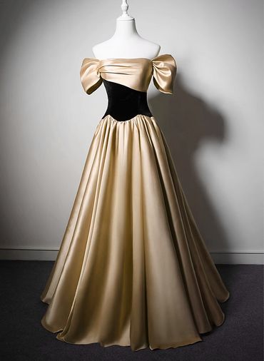 Elegant A Line Off The Shoulder Satin Golden Long Prom Dress,Evening Dress GG337