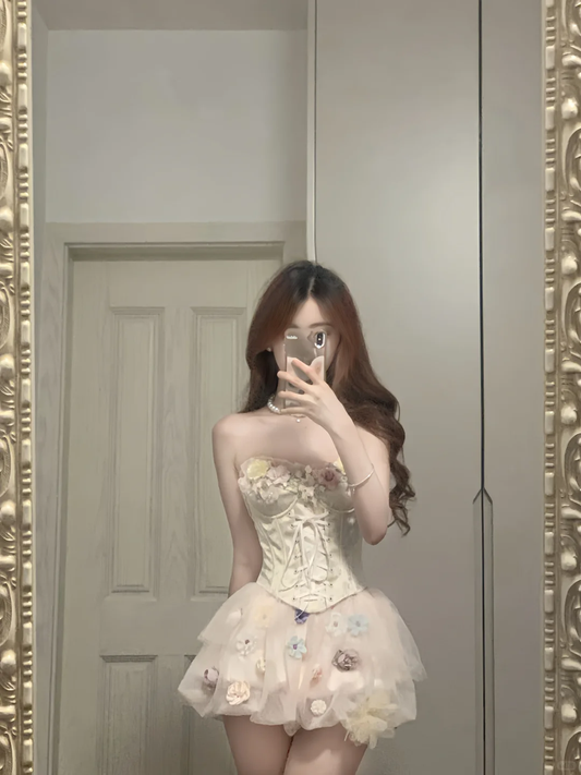 Pretty A Line Strapless Satin Tulle Applique Short Prom Dress,Homecoming Dress,Birthday Dress GG3370