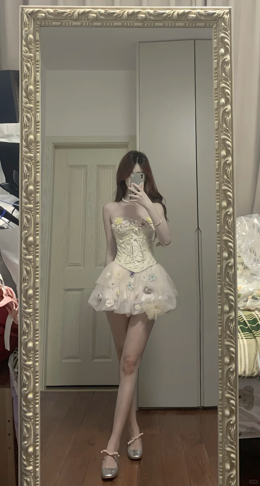 Pretty A Line Strapless Satin Tulle Applique Short Prom Dress,Homecoming Dress,Birthday Dress GG3370