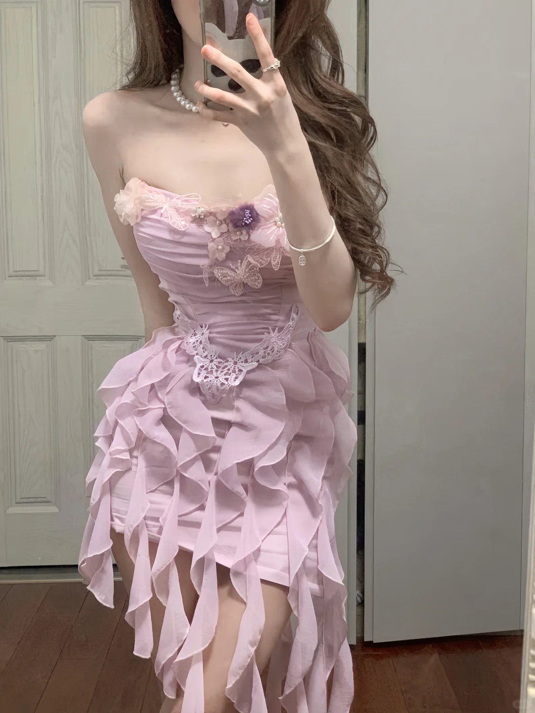 Pink A Line Strapless Chiffon Ruffles Short Prom Dress,Homecoming Dress,Birthday Dress GG3371