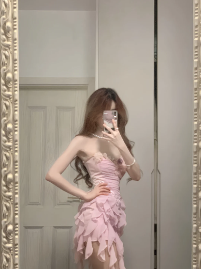 Pink A Line Strapless Chiffon Ruffles Short Prom Dress,Homecoming Dress,Birthday Dress GG3371