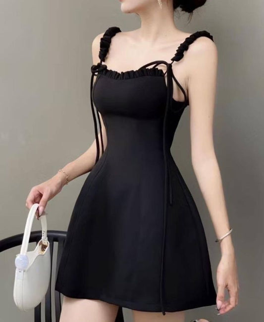 Black A Line Spaghetti Straps Satin Short Prom Dress,Homecoming Dress,Birthday Dress GG3373