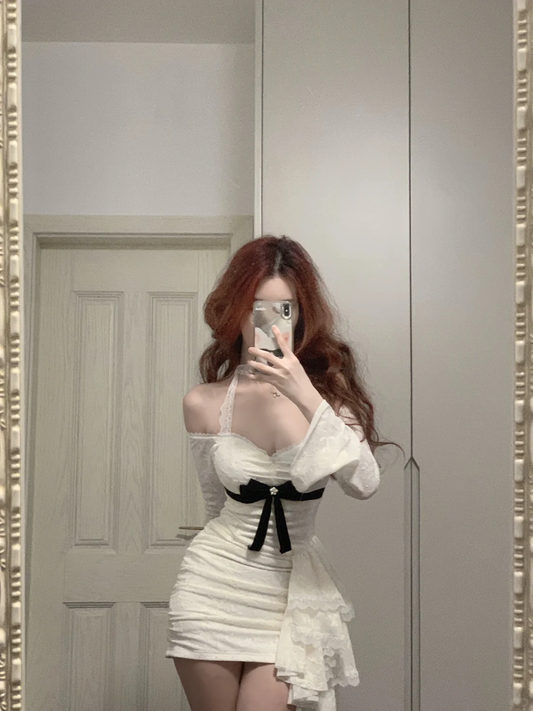 Sexy Mermaid Off The Shoulder Satin Lace Long Sleeves Short Prom Dress,Homecoming Dress,Birthday Dress GG3376