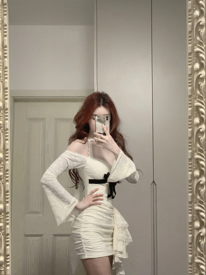 Sexy Mermaid Off The Shoulder Satin Lace Long Sleeves Short Prom Dress,Homecoming Dress,Birthday Dress GG3376