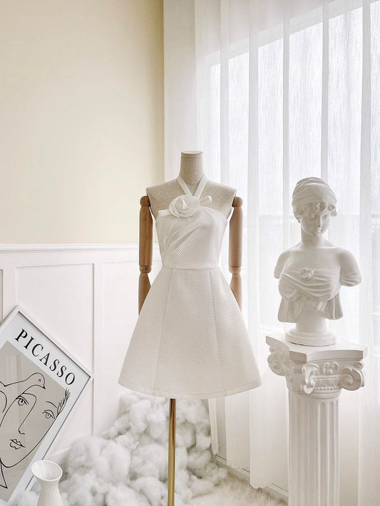 White A Line Halter Satin Short Prom Dress,Homecoming Dress,Birthday Dress GG3380