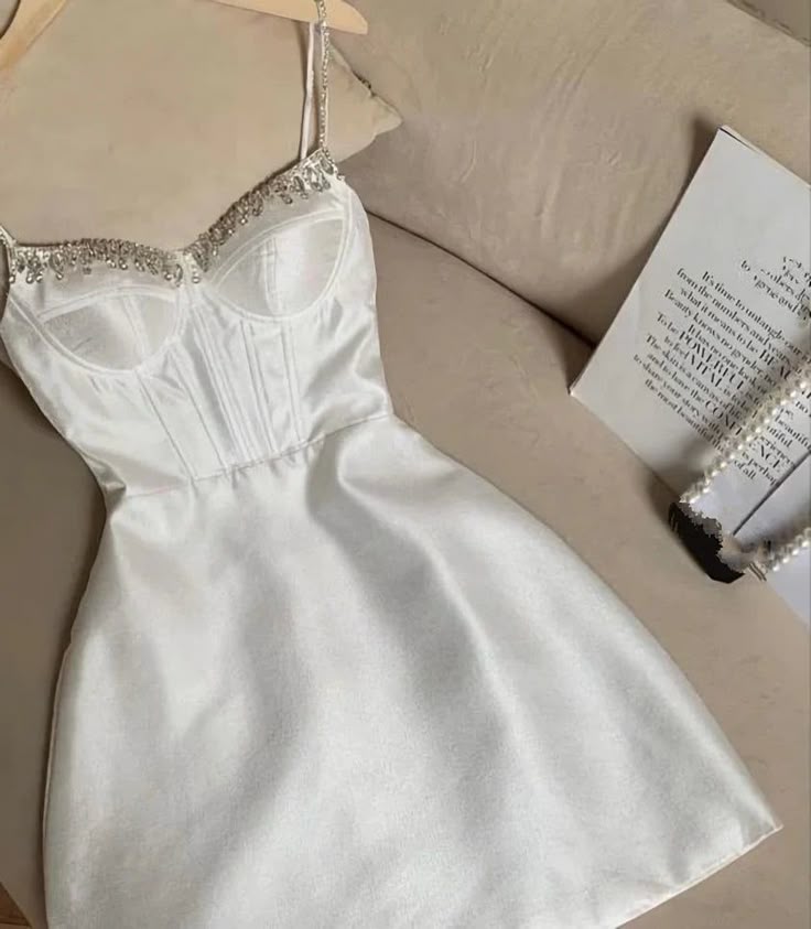White A Line Spaghetti Straps Satin Beaded Short Prom Dress,Homecoming Dress,Birthday Dress GG3386