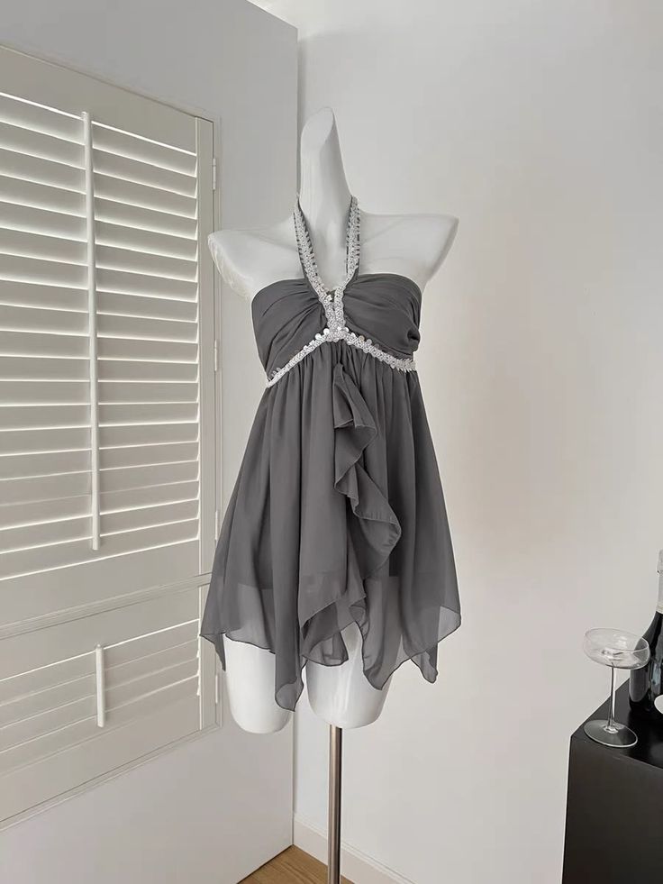 Gray A Line Halter Chiffon Sequin Short Prom Dress,Homecoming Dress,Birthday Dress GG3392