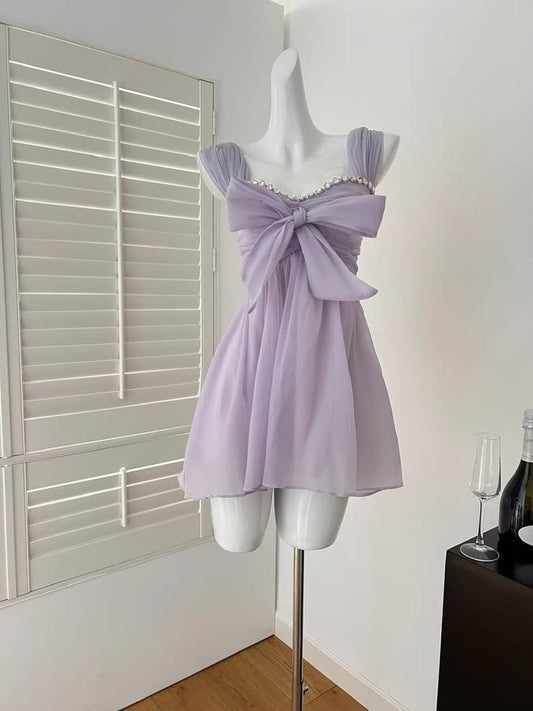 Lilac A Line Chiffon Beaded Bow Short Prom Dress,Homecoming Dress,Birthday Dress GG3393