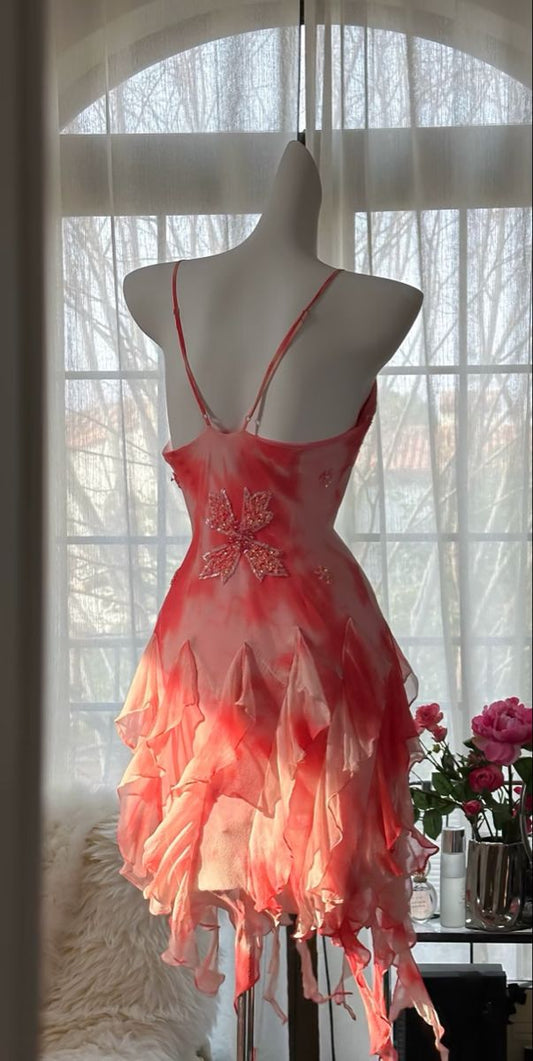 Unique A Line Spaghetti Straps Chiffon Sequin Ruffles Short Prom Dress,Homecoming Dress,Birthday Dress GG3403