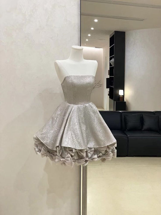 Cute A Line Strapless Satin Sequin Short Prom Dress,Homecoming Dress,Birthday Dress GG3425