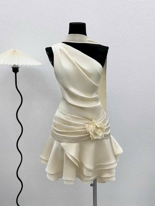 Chic A Line One Shoulder Satin Short Prom Dress,Homecoming Dress,Birthday Dress GG3437