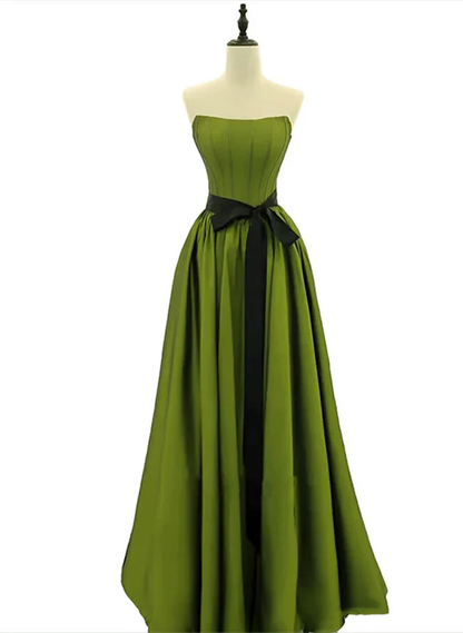 Elegant A Line Strapless  Green Satin Black Belt Long Prom Dress,Evening Dress GG343