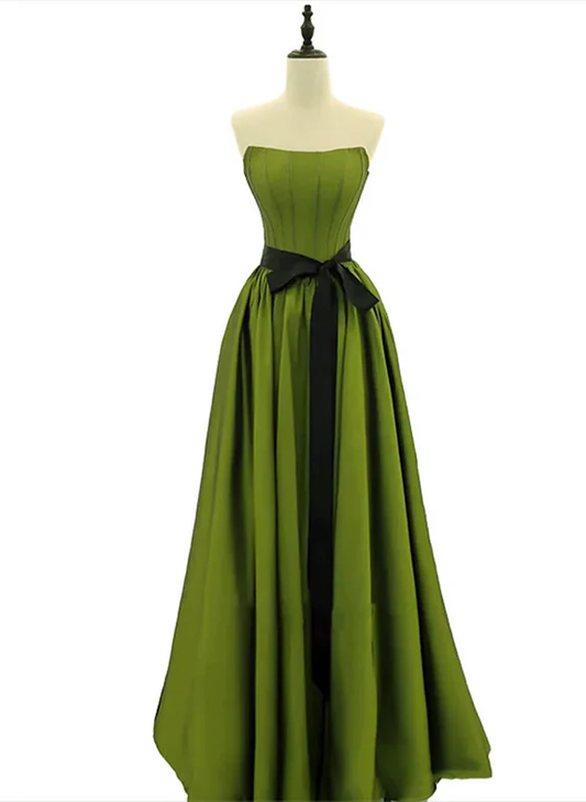 Elegant A Line Strapless  Green Satin Black Belt Long Prom Dress,Evening Dress GG343