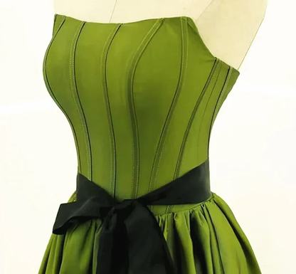 Elegant A Line Strapless  Green Satin Black Belt Long Prom Dress,Evening Dress GG343