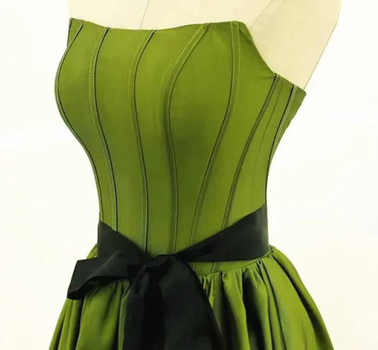 Elegant A Line Strapless  Green Satin Black Belt Long Prom Dress,Evening Dress GG343