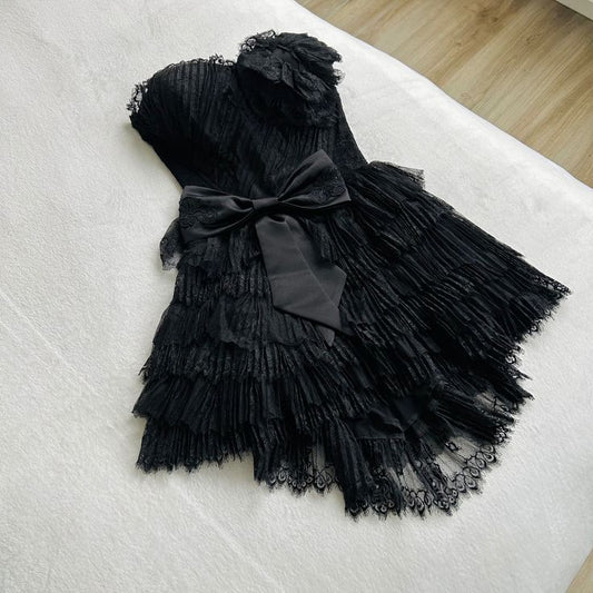 Cute A Line Strapless Black Tulle Bow Short Prom Dress,Homecoming Dress,Birthday Dress GG3441