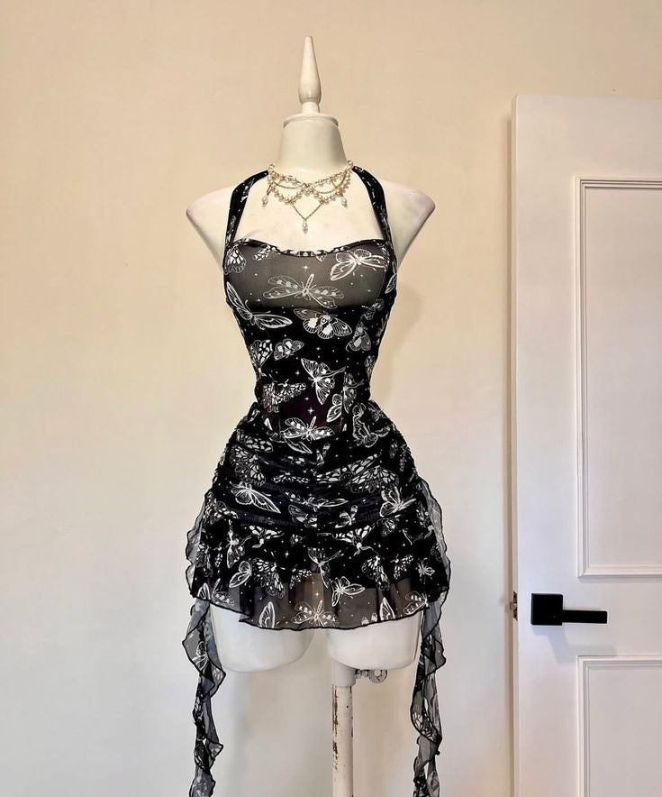 Unique A Line Halter Chiffon Printed Short Prom Dress,Homecoming Dress,Birthday Dress GG3448