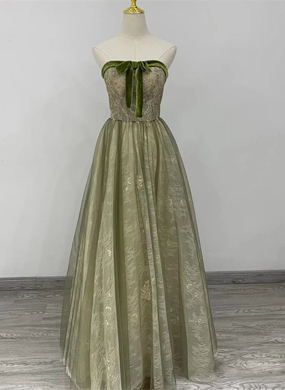 Elegant A Line Strapless  Green Satin Bow Long Prom Dress,Evening Dress GG344