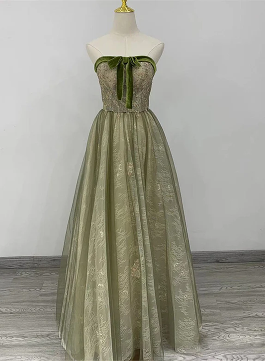 Elegant A Line Strapless  Green Satin Bow Long Prom Dress,Evening Dress GG344
