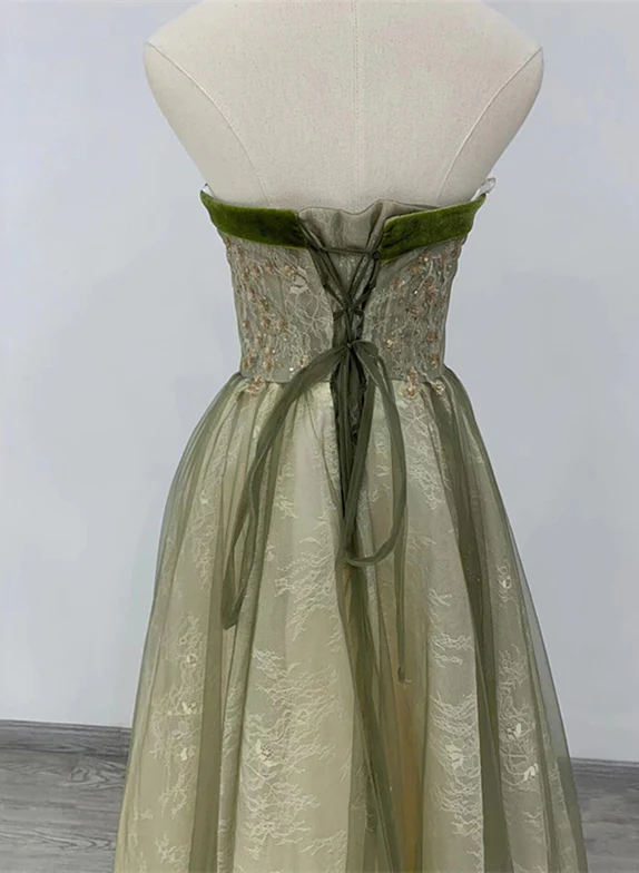 Elegant A Line Strapless  Green Satin Bow Long Prom Dress,Evening Dress GG344