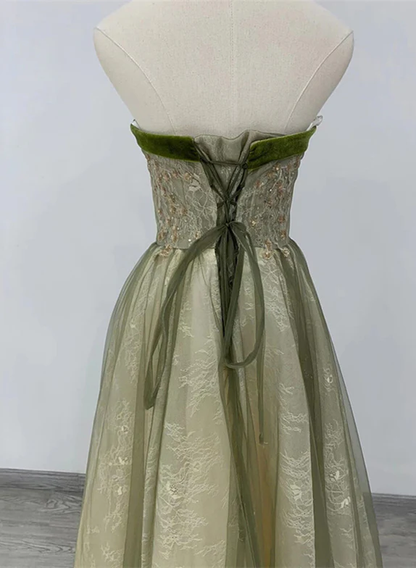 Elegant A Line Strapless  Green Satin Bow Long Prom Dress,Evening Dress GG344