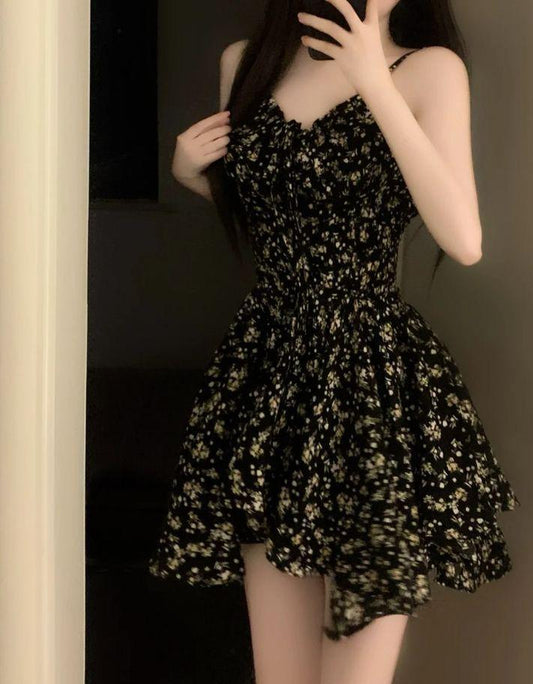 Unique A Line Spaghetti Straps Satin Floral Printed Short Prom Dress,Homecoming Dress,Birthday Dress GG3454