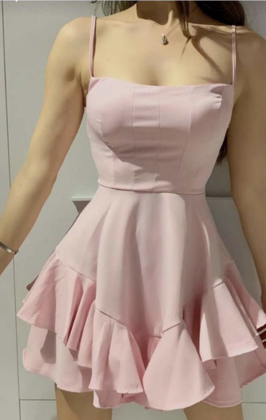Pink A Line Sapghetti Straps Satin Short Prom Dress,Homecoming Dress,Birthday Dress GG3457
