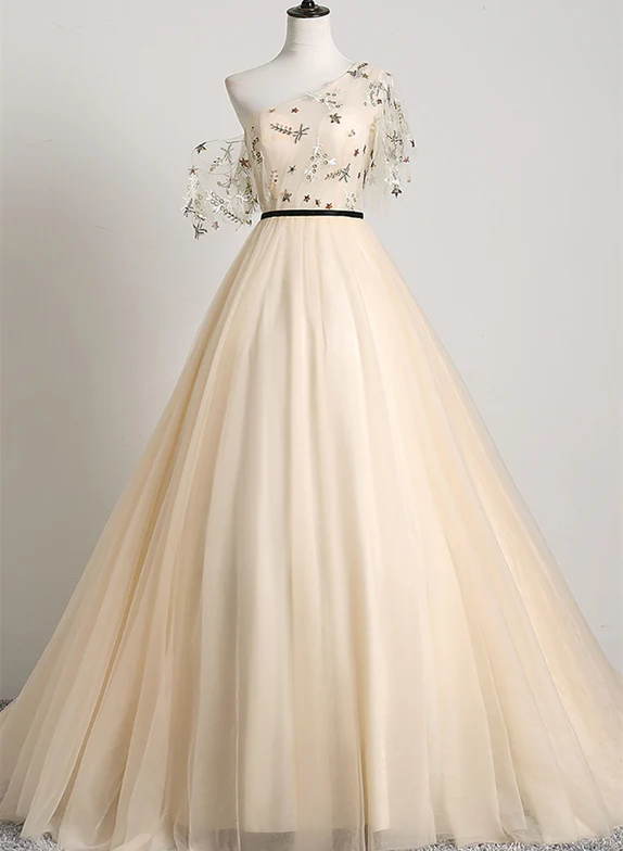 Elegant A Line One Shoulder Light Champagne Applique Tulle Long Prom Dress,Evening Dress GG345