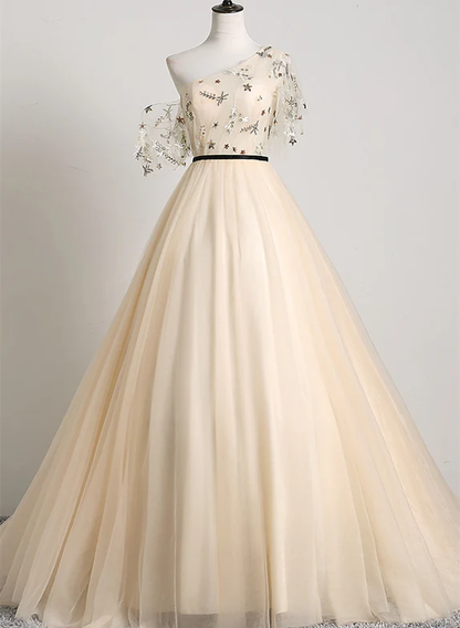 Elegant A Line One Shoulder Light Champagne Applique Tulle Long Prom Dress,Evening Dress GG345