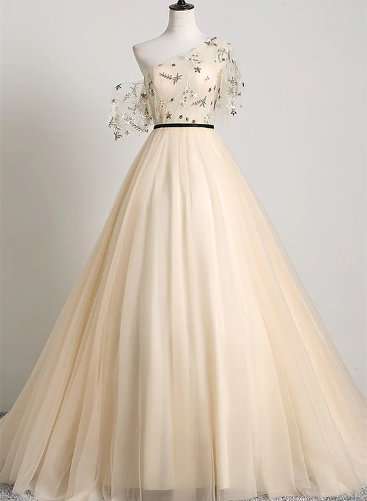 Elegant A Line One Shoulder Light Champagne Applique Tulle Long Prom Dress,Evening Dress GG345