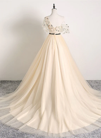Elegant A Line One Shoulder Light Champagne Applique Tulle Long Prom Dress,Evening Dress GG345
