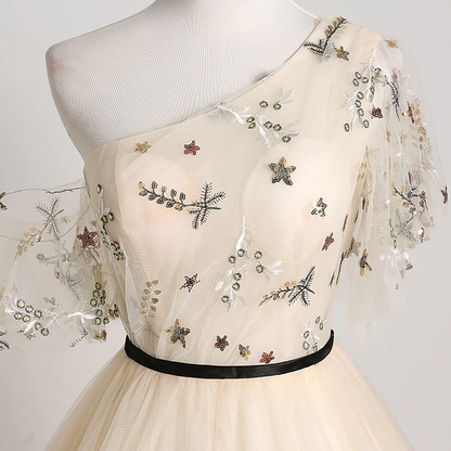 Elegant A Line One Shoulder Light Champagne Applique Tulle Long Prom Dress,Evening Dress GG345