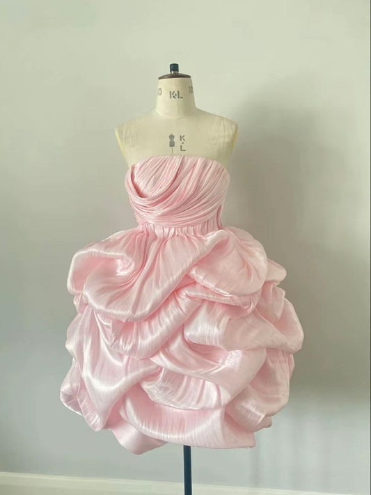 Pretty Ball Gown Strapless Pink Satin Short Prom Dress,Homecoming Dress,Birthday Dress GG3460