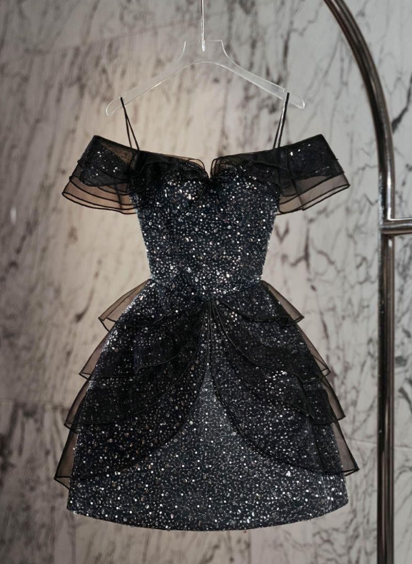 Glitter A Line Spaghetti Straps Black Tulle Sequin Beaded Short Prom Dress,Homecoming Dress,Birthday Dress GG3461