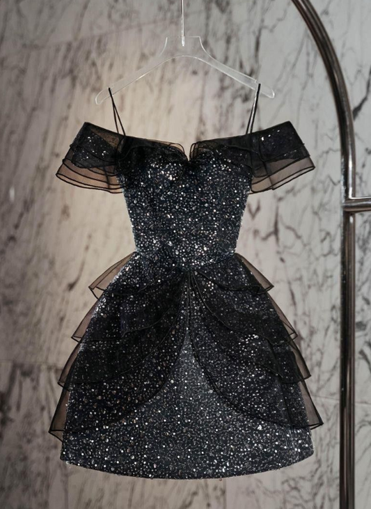 Glitter A Line Spaghetti Straps Black Tulle Sequin Beaded Short Prom Dress,Homecoming Dress,Birthday Dress GG3461