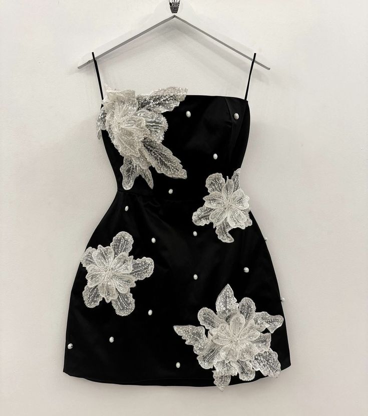 Cute A Line Spaghetti Straps Black Satin Applique Short Prom Dress,Homecoming Dress,Birthday Dress GG3462