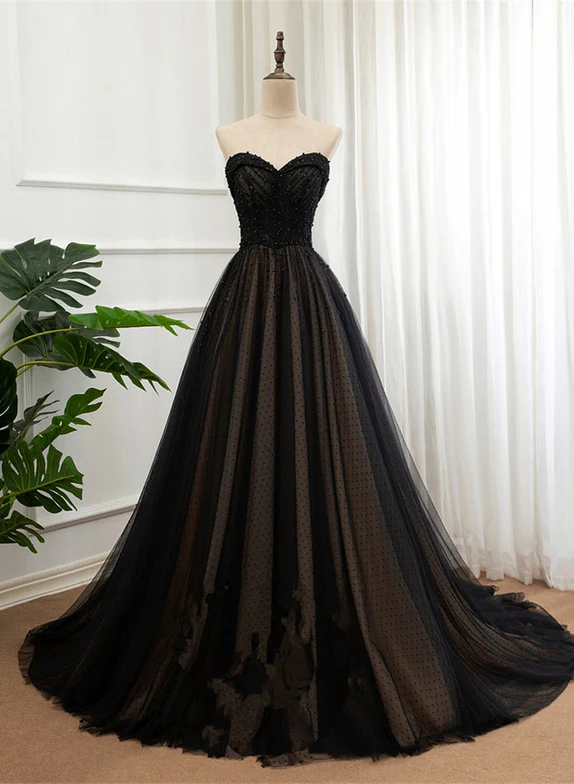 Elegant A Line Sweetheart Black Beaded Tulle Long Prom Dress,Evening Dress GG346
